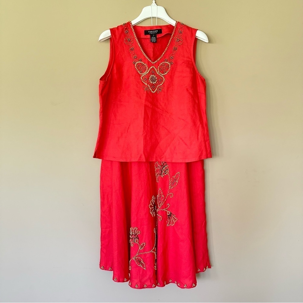 Vintage Linen Skirt & Top Set Women's 10 / 12, Midi, Lined, Beaded Floral Coral